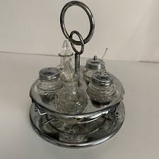 Cruet Set Rotating 5 pc Metal & Glass Salt Pepper Oil ...