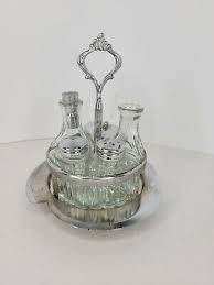 Vintage Cruet Condiment Metal & Glass Set Salt/Pepper, Oil ...