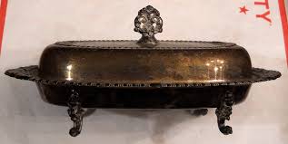SHERIDAN Covered Butter Dish with feet 9" long Very Ornate Vintage Silverplated | eBay