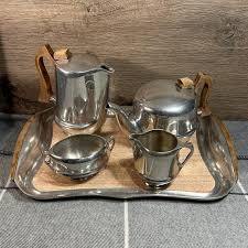 Vintage Mid Century Silver Tone Picquot Retro Tea Set Tray With Sycamore Wood Handles | MCM Magnailium Modernist Afternoon Tea Collection - Etsy