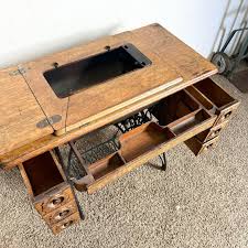 Antique Tiger Oak and Wrought Iron Singer Sewing Machine Table For Sale at 1stDibs