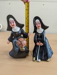 Vintage Wooden Nun figurines Pair of 2 Playing Sports - Soccer & Golf | eBay