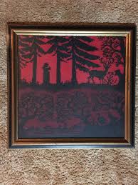 Vintage Embroidered Red & Black Wildlife Scene Wooden Frame ...