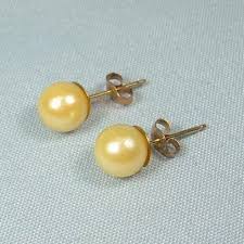 14K PEARL Stud Pierced Earrings-Vintage 14kt 585 au Yellow Gold-Infinity & FI Hallmark-Big 6 mm Moon Ball Spheres Orbs-Antique Golden Yellow | Schooner Chandlery