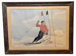1960 Watercolor Painting Framed Signed “Kemp 60” Snow Ski ...