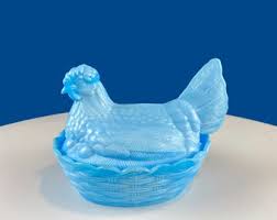 Blue Milk Glass Hen in a Basket. Milk Glass Chicken Sitting on Eggs in a Basket. Butter Dish, Storage Bowl With Lid. Collectible Hen. - Etsy