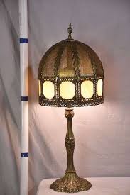 Large gold metal lamp with slag glass panels on shade; 1120-068 - R.H. Lee & Co. Auctioneers