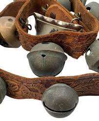 At Auction: 12 Antique Folk Art Horse Drawn Brass Sleigh Bells on Old Tooled Leather Belt,Turquoise Arrowhead