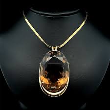 Vintage Gold 109.8ct Large Smoky Quartz Abstract Pendant 18" Flat . For Sale at Ruby Lane