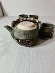 Vintage Japanese Somayaki Somamare 6 Tea Set Green Crackle Glaze Gold Horse... | eBay