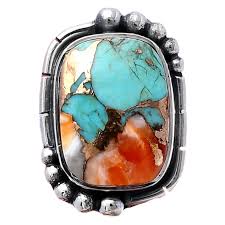 Spiny Oyster Blue Turquoise Sterling Silver Oblong Ring – Keja