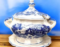 Vintage Trimont Ware Soup Tureen: Blue & White Castle ...