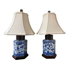 Blue and White Vintage Lamps With Asian Motifs, a Pair, Silk ...
