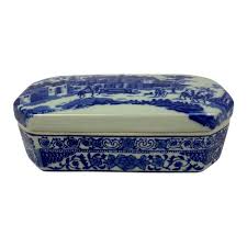 Vintage Blue & Celadon Earthenware Pottery Covered Box ...