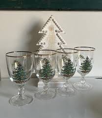 Spode Christmas Tree Pedestal Goblets With Gold Rims - Set ...