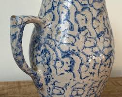 Antique Blue Spongeware Pitcher: Salt Glazed Stoneware ...