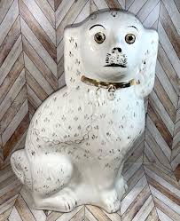 Antique Staffordshire Spaniel Dog With Glass Eyes White w ...