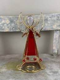 Handcrafted Angel Candle Holder Stain Glass 10.5” Red Gold ...
