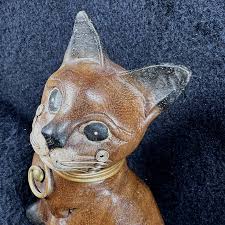 VTG Folk Art Wooden Cat Figurine w/ Spiral Wire Tail Collar Whiskers Hand Carved | eBay