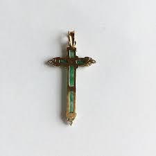 14K Solid Yellow Gold Cross Green Jade Religious Pendant ...