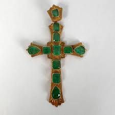Large Italian Cross 18K Yellow Gold Emerald Pendant at 1stDibs