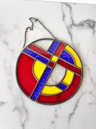 Vintage Geometric Stained Glass Window Hanging, Primary ...