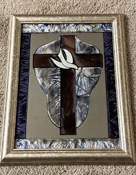 Framed Stained Glass Mirror With Cross and Dove, First ...