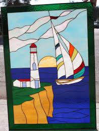 Lighthouse & Sailboat Leaded Stained Glass Window Panel