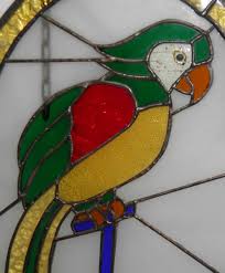 Vintage Large Oval Leaded STAINED GLASS PARROT SUNCATCHER ...