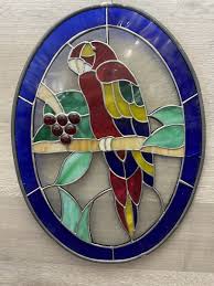 Vintage Large Oval Leaded STAINED GLASS PARROT SUNCATCHER ...