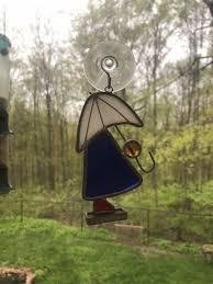 stained glass window hanging or standing suncatcher person with umbrella VTG | eBay