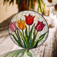 Stained Glass Tulip Round Panel Suncatcher Handmade Floral ...