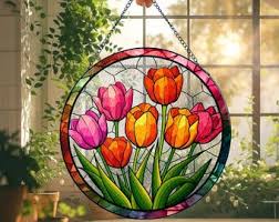 Colorful Tulip Stained Glass Suncatcher, Round Floral Window ...