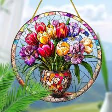 8x8 inches Stained Glass Tulip and Iris Suncatcher by Gift ...