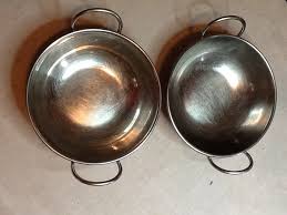 2 VINTAGE, 8 3/4" STAINLESS STEEL BOWLS WITH HANDLES 2" DEEP ...