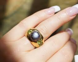 Pearl & Peridot Ring / Vintage Estate Gold Vermeil Sterling Silver Tahitian Black Pearl Channel Peridot Wide Cigar Band Ring Sz 7 - Etsy