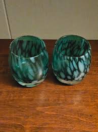 Set of 2 Artist Made Aquamarine Blue Green Patterned Hand-blown Studio Art Glass Votive Candle Holders - Confetti Fused Glass - Etsy Ireland