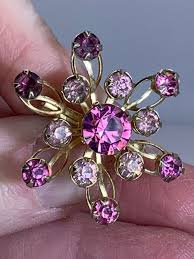 Flower Layered Openwork Pink Rhinestones 1930s Vintage Gold ...