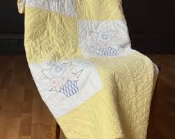 Vintage Hand Made Hand Embroidered Flower Basket Quilt 86 X ...