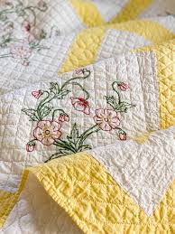 Vintage Yellow and White Quilt with Red Embroidered Flowers ...