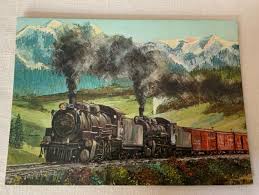 Vtg Set Of Cardboard Trains Locomotives On Tracks Mountains Lithograph Prints | eBay