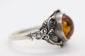 Vintage Honey Amber round cabochon 925 Sterling Silver Ring with Leaf motif | eBay Australia