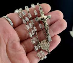 Antique Art Deco French 800 Silver Givre Glass Crystal Rosary Beads - Ellis Antiques