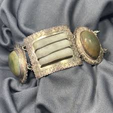 Vintage Mexico Stamped Silver Bracelet White & Green Onyx | eBay