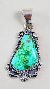 Item #980H- Navajo Pilot Mountain Turquoise Shadowbox Symbols Stamped Sterling Silver Arrowhead Pendant by E & M Teller —Turquoise Pendants ~ Native American Turquoise Jewelry