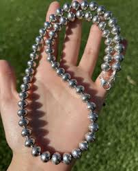 Sterling Silver 10mm Stamped Pearls Bead Necklace. 26 Inch ...