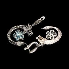 925 Sterling Silver Earrings Oval Blue Zircon Marcasite ...