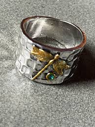 Estate Wide Dimpled Silvertone Band w Goldtone Dragonfly & Green Rhinestone Acce | eBay