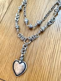 Antique Silver Sacred Heart Pendant Long Double Strand ...