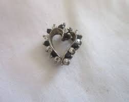 Antique Sterling Silver Black Glass & Faux Diamond Heart ...